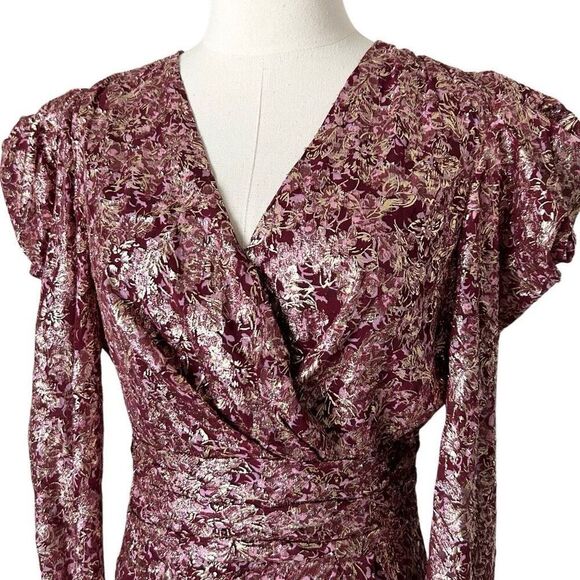 NEW Jonathan Simkhai Silk Metallic Bubble Sleeve Dress Sienna Bubble Gum Size 8 - Picture 3 of 6